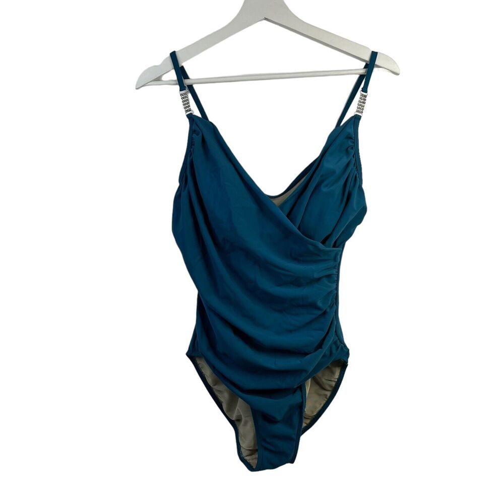 Shape FX Sz 10 Swimsuit Teal Tummy Smoothing Wrap Look Ruched No Wire One Piece